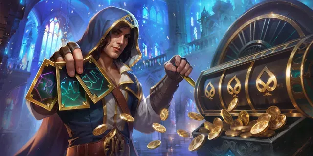 Mago di Slotuna che apre un forziere pieno di monete e carte bonus