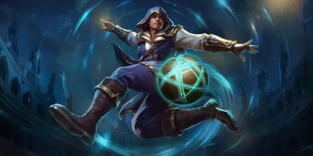 Mago di Slotuna che lancia una sfera luminosa in un’arena